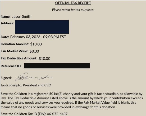 January 2026 donation receipt